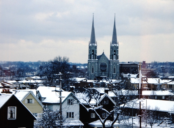 Church steeple high over a Pittsburgh neighborhood in January 1987