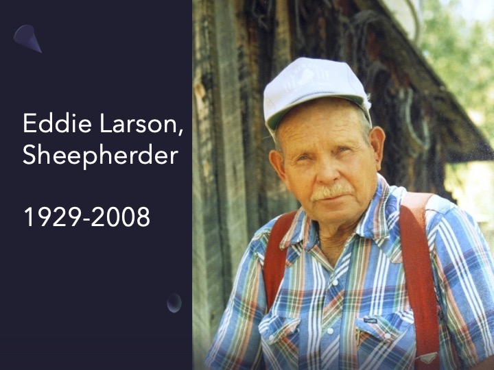 title slide of Eddie Larson in front of his cabin on Cedar Mountain