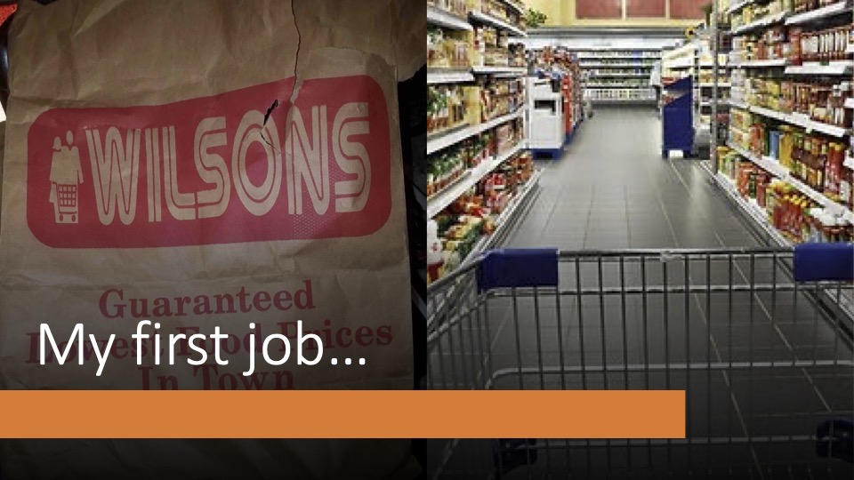 title slide for blog post showing two pictures. One of a Wilsons Grocery bag and another of an aisle in a grocery store.
