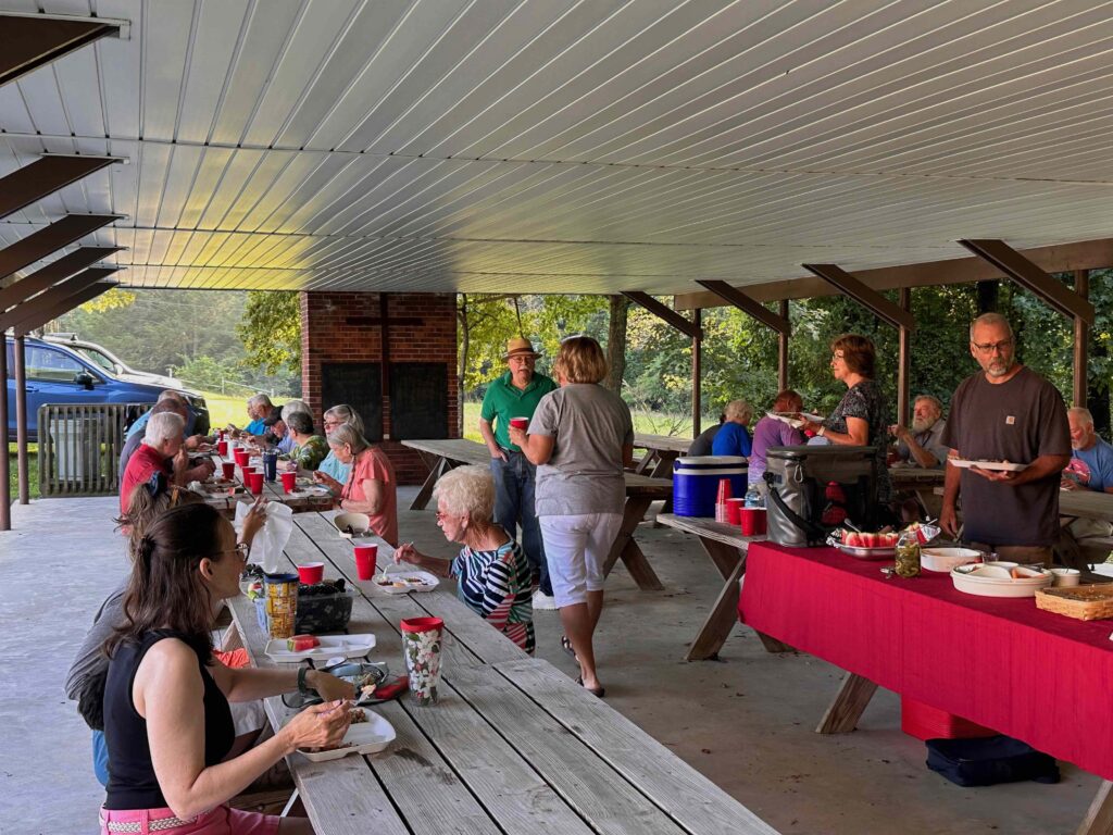 Eating under a picnic shelter