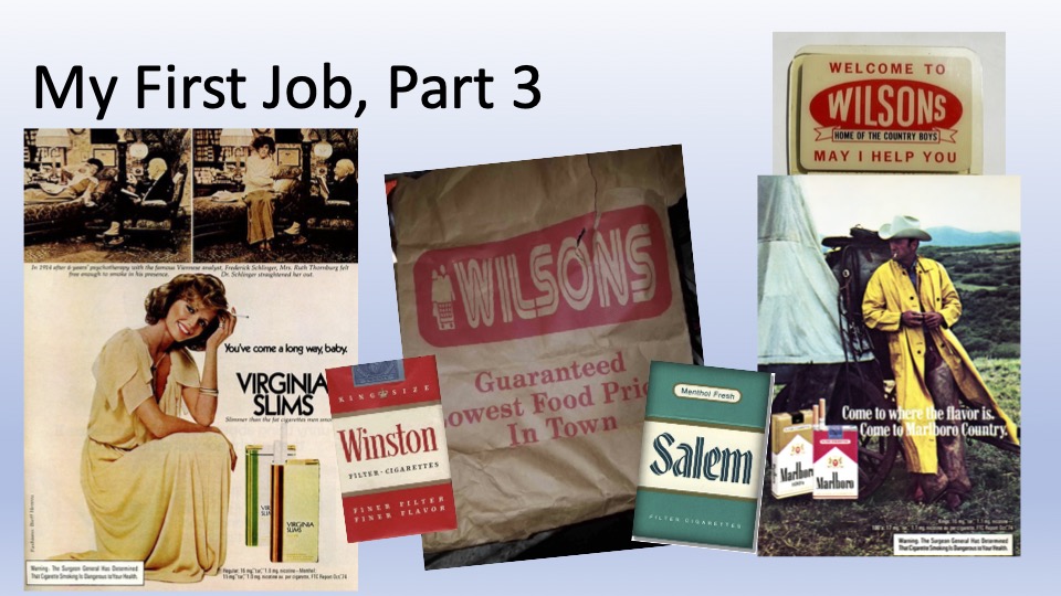 Title slide showing items from Wilsons Supermarket and cigarette ads