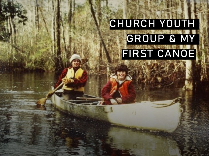 title slide for blog post. Photo is of me and my brother canoeing on Town Creek in the late 1970s