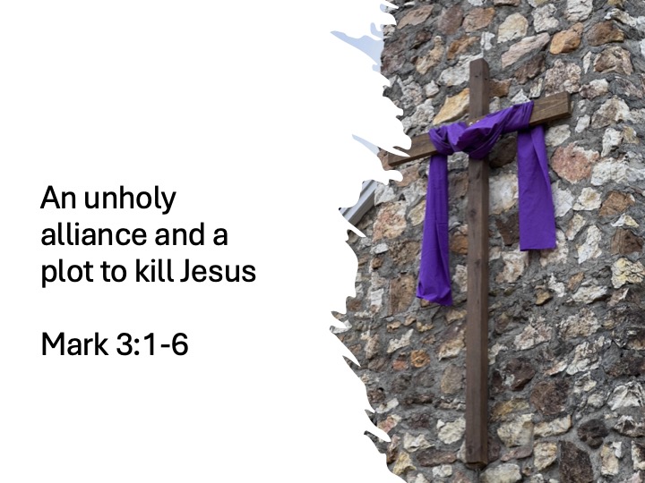 Blog title slide with a photo of a cross with purple shroud hanging on rock wall of a church