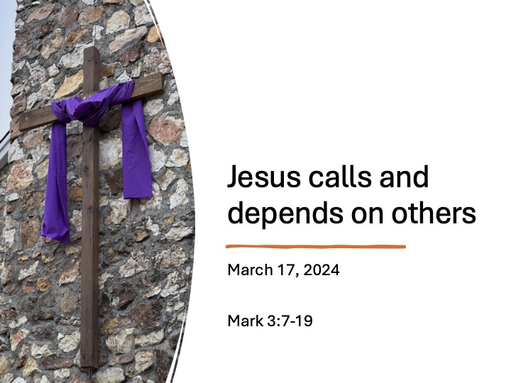 Title slide with photo of a cross with a purple cloth hanging on a rock church wall