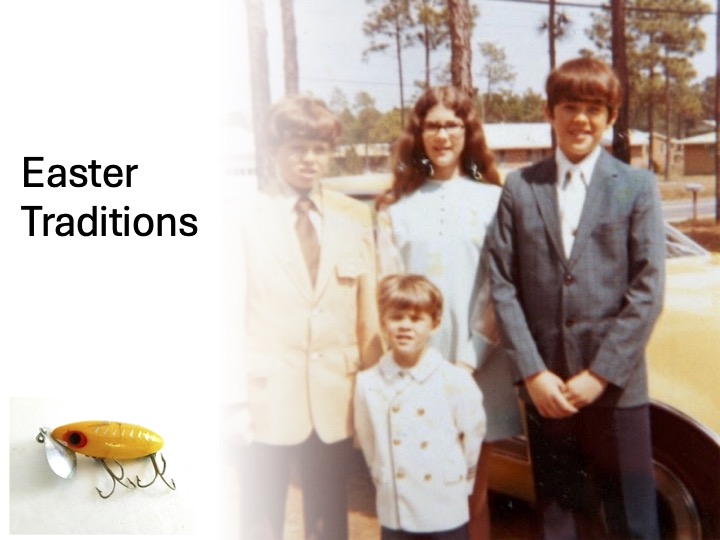 Easter Tradition title slide with photo of me and my siblings from the early 1970s, along with a photo of a jitterbug