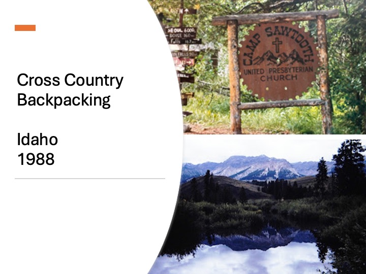 title slide with photo of camp sign and the Boulder Mountains