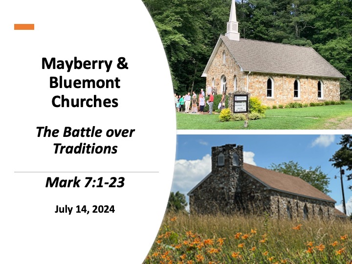Title slide with photos of Mayberry and Bluemont, two rock churches along the Blue Ridge Parkway
