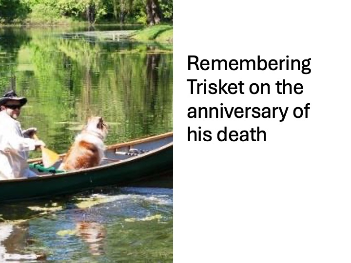 Title slide with photo of Trisket and me in a canoe