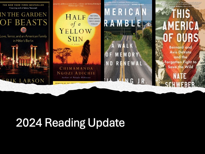 title slide with photos of 4 books read during 2024