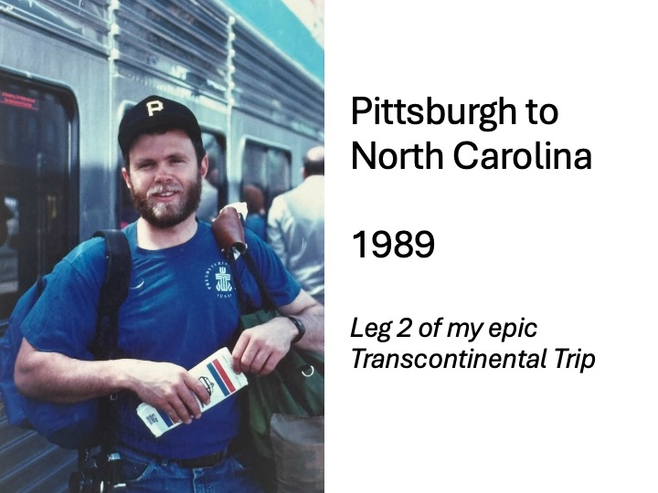 title slide with photo of the author boarding a train