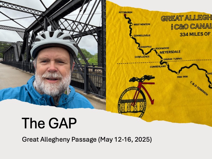 Photo of author on Hot Steel Bridge, Pittsburgh and a map of the trail