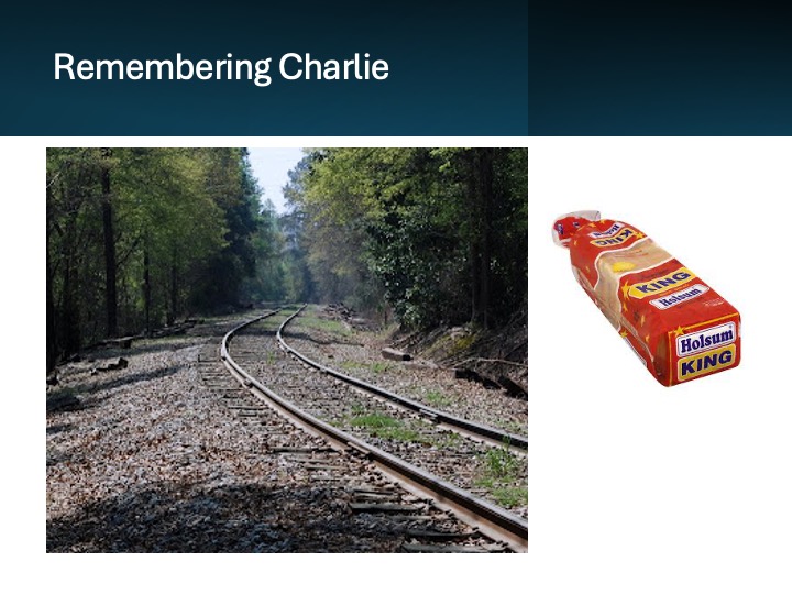 Title slide with a photo of train tracks and a picture of a loaf of Holsum Bread