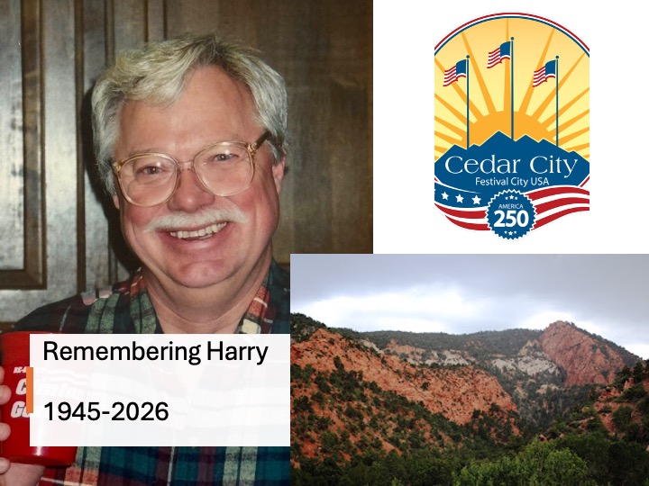 Title slide with a photo of Harry, Cedar City's logo, and a photo of Cedar Canyon