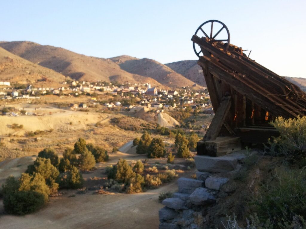 Virginia City with mine shaft hoisting in foreground